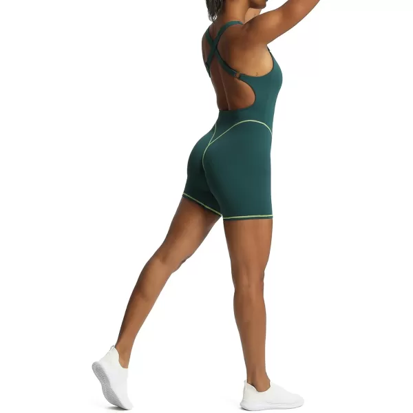 Aoxjox Workout Rompers for Women Brooke Cross Back One Piece Scrunch Gym Yoga Sports Bras JumpsuitDark Sea Green Lime Green