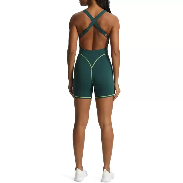 Aoxjox Workout Rompers for Women Brooke Cross Back One Piece Scrunch Gym Yoga Sports Bras JumpsuitDark Sea Green Lime Green
