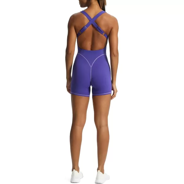 Aoxjox Workout Rompers for Women Brooke Cross Back One Piece Scrunch Gym Yoga Sports Bras JumpsuitDeep Blue Paisley Purple