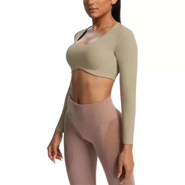 Aoxjox Long Sleeve Crop Tops for Women Define Sculpt Workout Crop T Shirt TopTaupe
