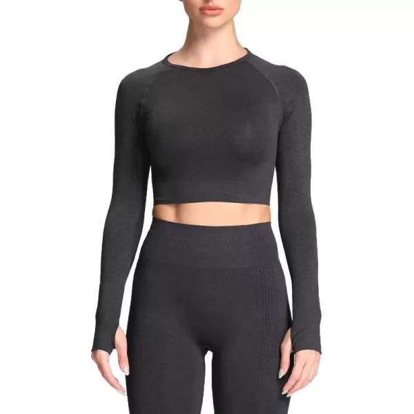 Aoxjox Long Sleeve Crop Tops for Women Vital Workout Seamless Crop T Shirt TopA Black Marl  Crop Top 