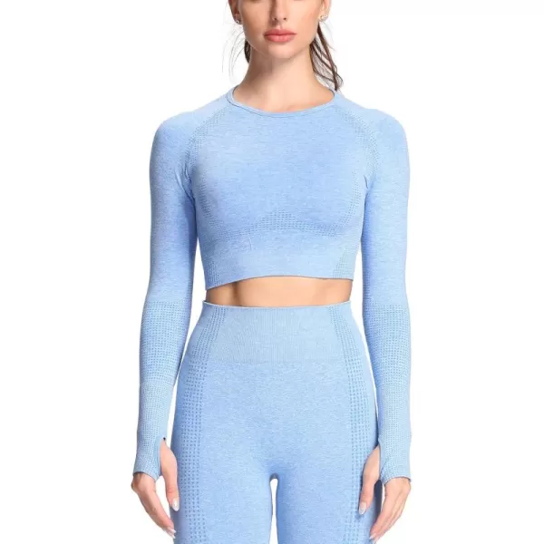 Aoxjox Long Sleeve Crop Tops for Women Vital Workout Seamless Crop T Shirt TopB Sky Blue Marl  Crop Top 