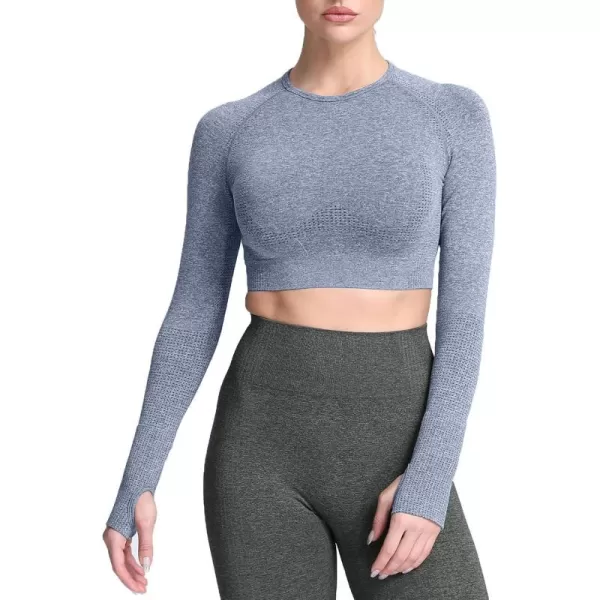 Aoxjox Long Sleeve Crop Tops for Women Vital Workout Seamless Crop T Shirt TopC Dark Blue Marl  Crop Top 