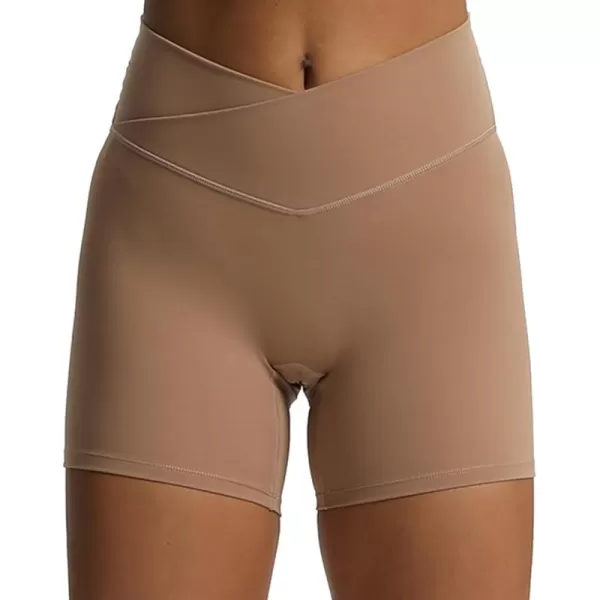 Aoxjox Trinity Workout Biker Shorts for Women CrossWaist Crossover High Waisted Exercise Athletic Gym Running Yoga Shorts 6quotBrownie