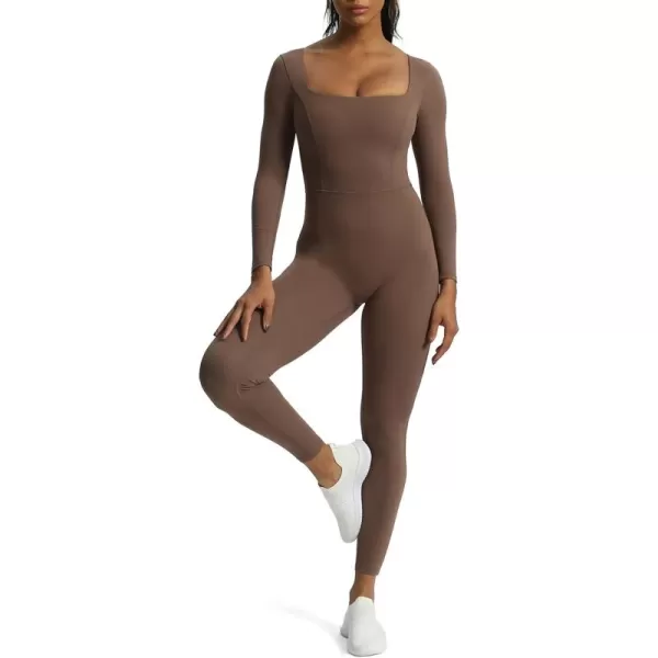 Aoxjox Women Yoga Jumpsuits Workout Balance Bodysuit Long Sleeve Sport JumpsuitsFudge Coffee