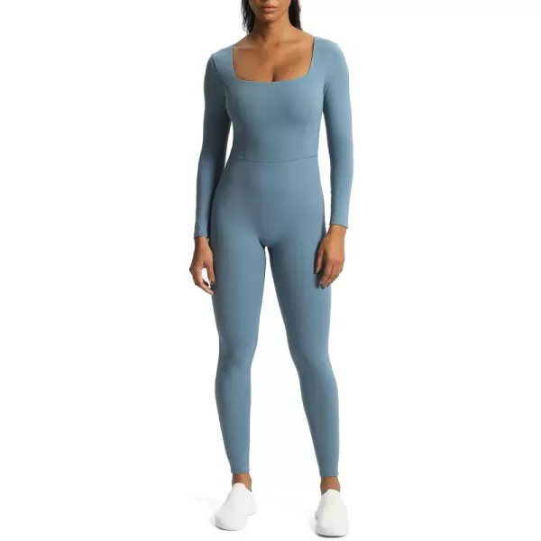 Aoxjox Women Yoga Jumpsuits Workout Balance Bodysuit Long Sleeve Sport JumpsuitsSteel Blue