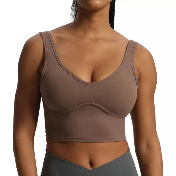 Aoxjox Womens Workout Brooke Tank Crop Curve Longline Fitness Sports Bras Padded Training Gym Bra Yoga TopFudge Coffee