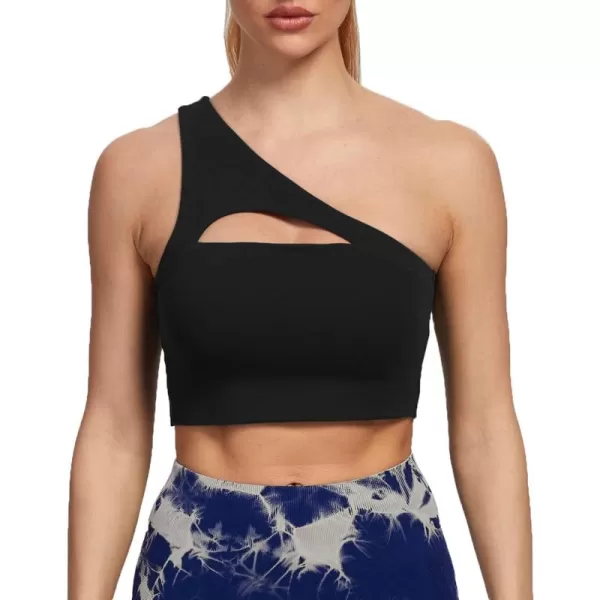 Aoxjox Womens Workout Sports Bras Fitness Gym Olivia Asymmetric One Shoulder Padded Bra Yoga Crop Tank Top1 Black