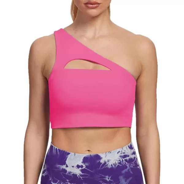 Aoxjox Womens Workout Sports Bras Fitness Gym Olivia Asymmetric One Shoulder Padded Bra Yoga Crop Tank TopAzalea Pink