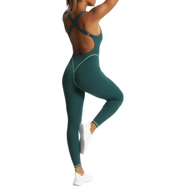 Aoxjox Workout Jumpsuit for Women Brooke Cross Back One Piece Scrunch Gym Yoga Sports Bras JumpsuitsB Dark Sea Green Lime Green