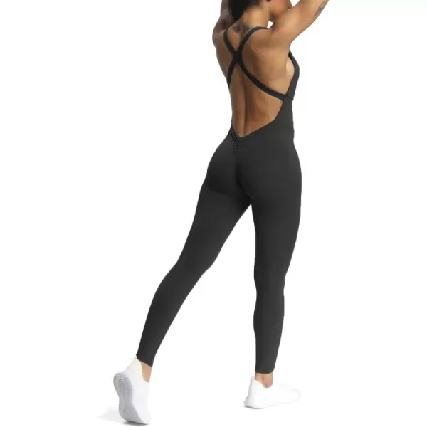 Aoxjox Workout Jumpsuit for Women Brooke Cross Back One Piece Scrunch Gym Yoga Sports Bras JumpsuitsBlack