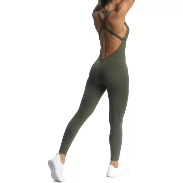 Aoxjox Workout Jumpsuit for Women Brooke Cross Back One Piece Scrunch Gym Yoga Sports Bras JumpsuitsOlive Green