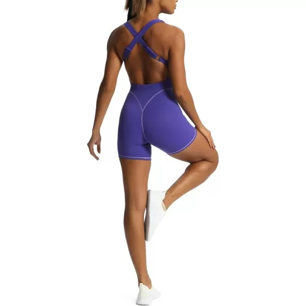 Aoxjox Workout Rompers for Women Brooke Cross Back One Piece Scrunch Gym Yoga Sports Bras JumpsuitDeep Blue Paisley Purple