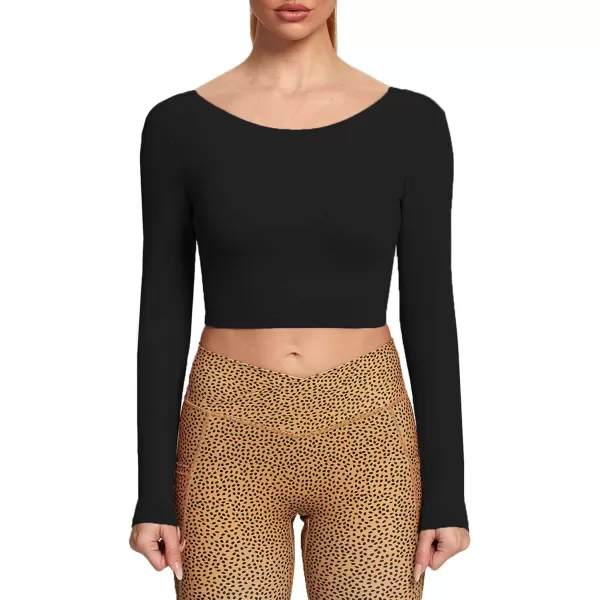 Aoxjox Long Sleeve Crop Tops for Women Emma Twist Back Workout Crop T Shirt TopBlack