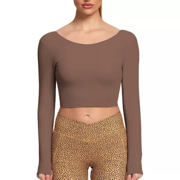 Aoxjox Long Sleeve Crop Tops for Women Emma Twist Back Workout Crop T Shirt TopFudge Coffee