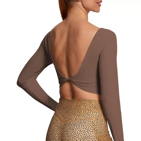 Aoxjox Long Sleeve Crop Tops for Women Emma Twist Back Workout Crop T Shirt TopFudge Coffee