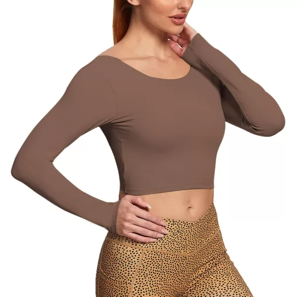 Aoxjox Long Sleeve Crop Tops for Women Emma Twist Back Workout Crop T Shirt TopFudge Coffee
