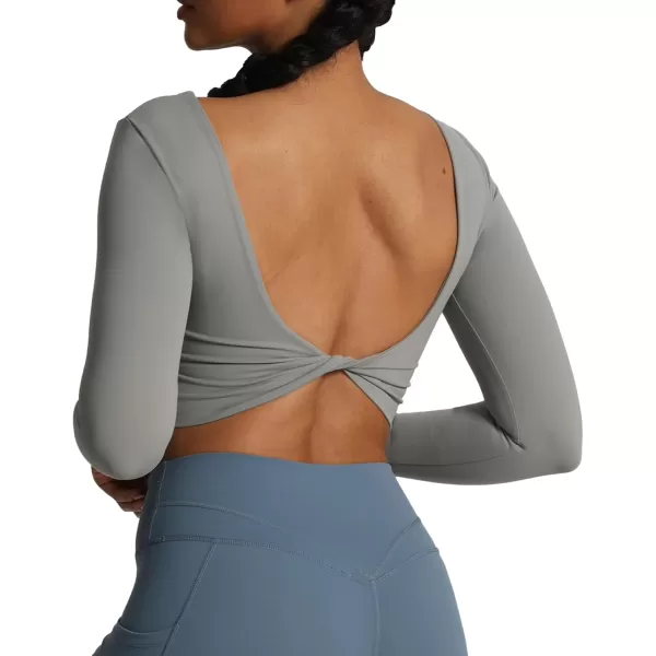 Aoxjox Long Sleeve Crop Tops for Women Emma Twist Back Workout Crop T Shirt TopGrey