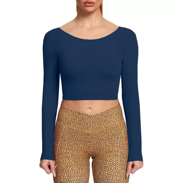 Aoxjox Long Sleeve Crop Tops for Women Emma Twist Back Workout Crop T Shirt TopNavy