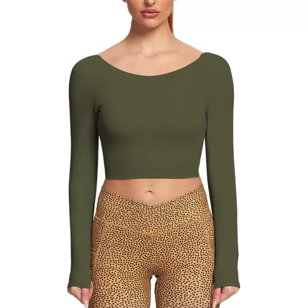 Aoxjox Long Sleeve Crop Tops for Women Emma Twist Back Workout Crop T Shirt TopOlive Green