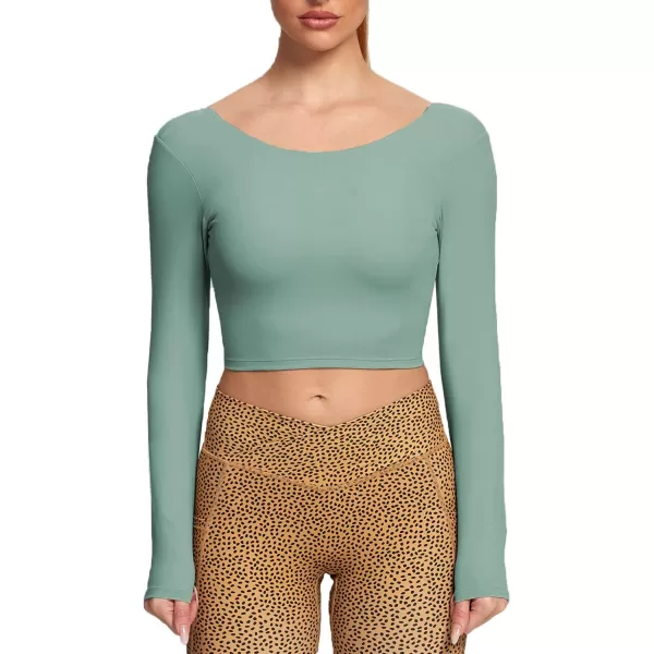 Aoxjox Long Sleeve Crop Tops for Women Emma Twist Back Workout Crop T Shirt TopSage Green