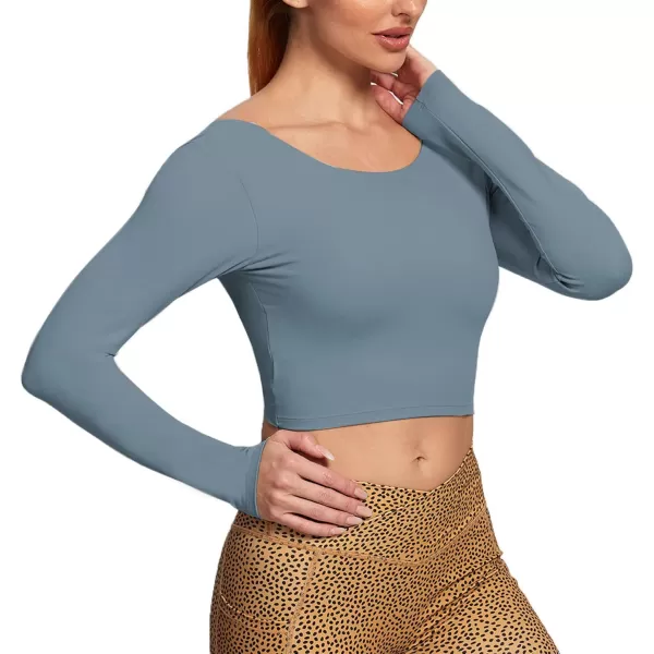Aoxjox Long Sleeve Crop Tops for Women Emma Twist Back Workout Crop T Shirt TopSteel Blue