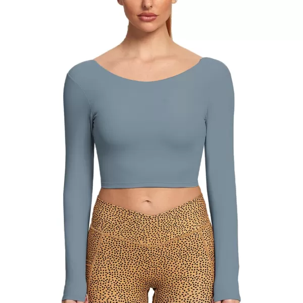 Aoxjox Long Sleeve Crop Tops for Women Emma Twist Back Workout Crop T Shirt TopSteel Blue