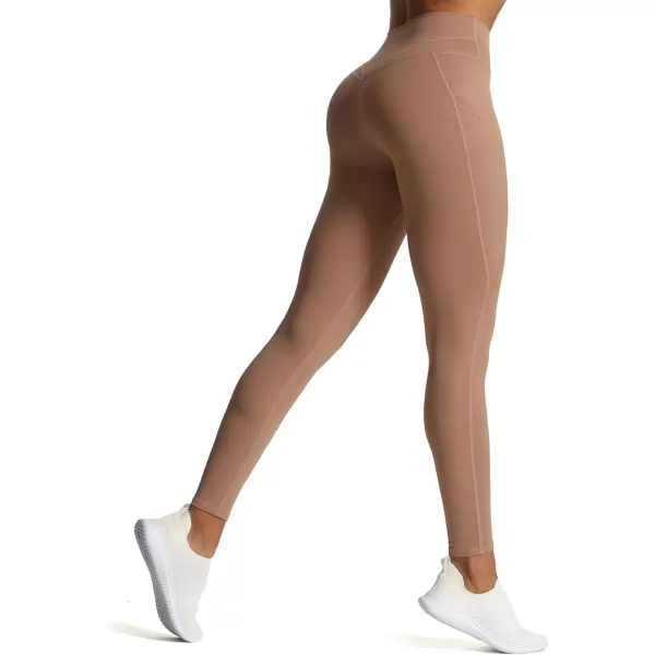 Aoxjox Trinity High Waisted Yoga Pants with Pockets for Women Tummy Control CrossWaist Crossover Workout Leggings 26A Brownie Vwaistband