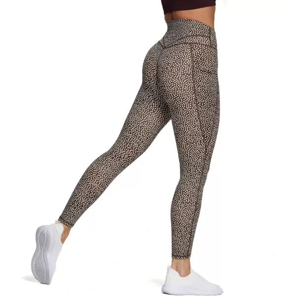 Aoxjox Trinity High Waisted Yoga Pants with Pockets for Women Tummy Control CrossWaist Crossover Workout Leggings 26A Coffee Dot Print Vwaistband