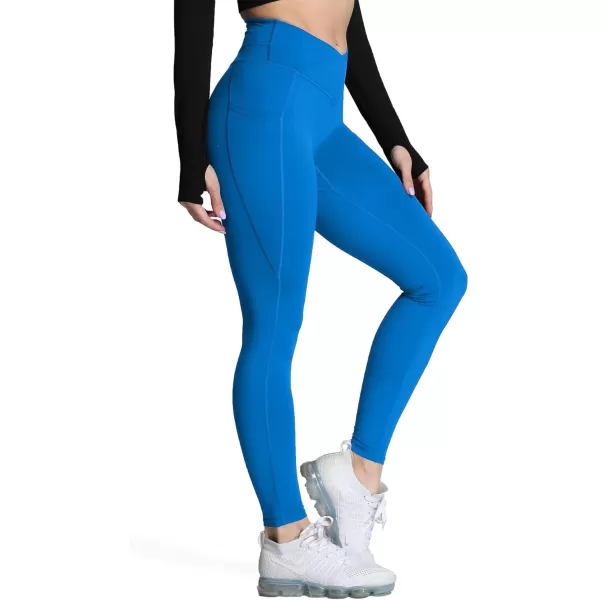 Aoxjox Trinity High Waisted Yoga Pants with Pockets for Women Tummy Control CrossWaist Crossover Workout Leggings 26A Directoire Blue Vwaistband