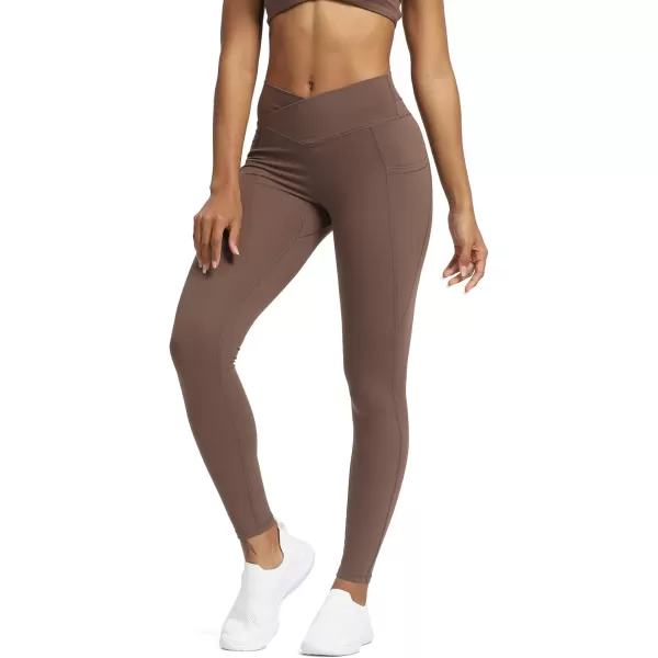 Aoxjox Trinity High Waisted Yoga Pants with Pockets for Women Tummy Control CrossWaist Crossover Workout Leggings 26A Fudge Coffee Vwaistband