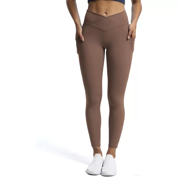 Aoxjox Trinity High Waisted Yoga Pants with Pockets for Women Tummy Control CrossWaist Crossover Workout Leggings 26A Fudge Coffee Vwaistband