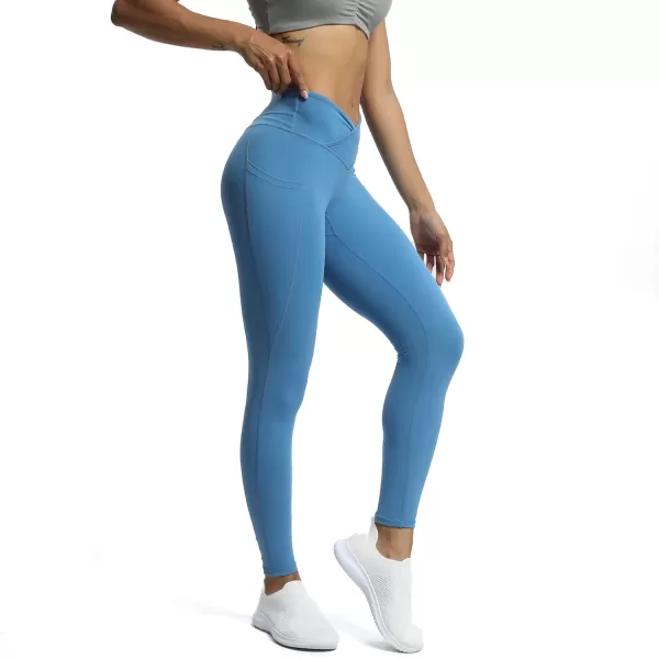 Aoxjox Trinity High Waisted Yoga Pants with Pockets for Women Tummy Control CrossWaist Crossover Workout Leggings 26A Mykonos Blue Vwaistband