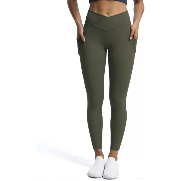 Aoxjox Trinity High Waisted Yoga Pants with Pockets for Women Tummy Control CrossWaist Crossover Workout Leggings 26A Olive Green Vwaistband