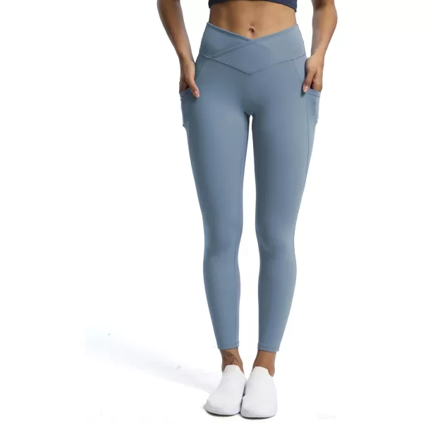 Aoxjox Trinity High Waisted Yoga Pants with Pockets for Women Tummy Control CrossWaist Crossover Workout Leggings 26A Steel Blue Vwaistband