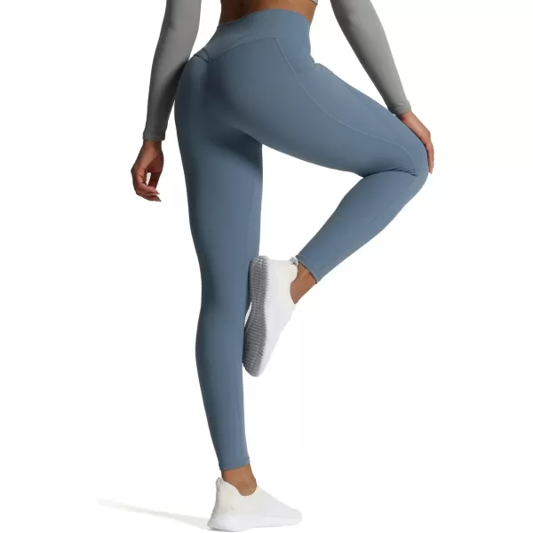 Aoxjox Trinity High Waisted Yoga Pants with Pockets for Women Tummy Control CrossWaist Crossover Workout Leggings 26A Steel Blue Vwaistband