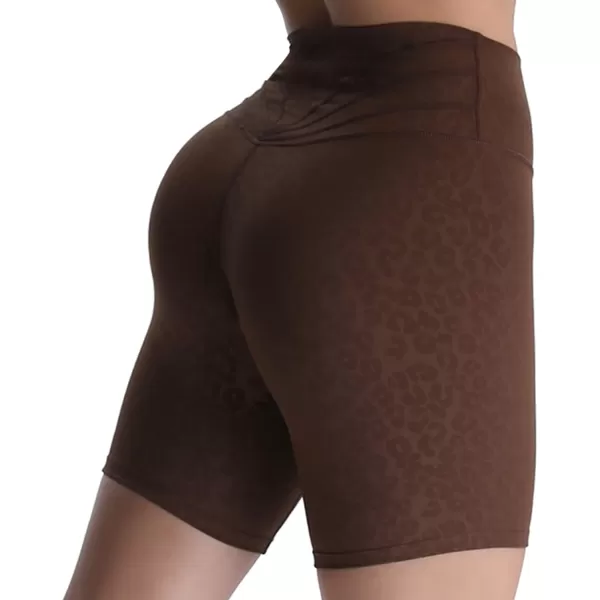 Aoxjox Trinity Workout Biker Shorts for Women Tummy Control High Waisted Exercise Athletic Gym Running Yoga Shorts 6quotDark Brown Leopard Print