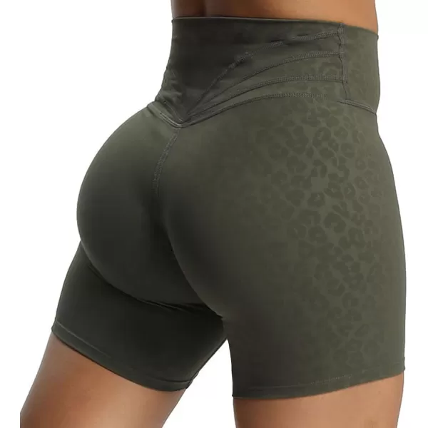 Aoxjox Trinity Workout Biker Shorts for Women Tummy Control High Waisted Exercise Athletic Gym Running Yoga Shorts 6quotOlive Green Leopard Print