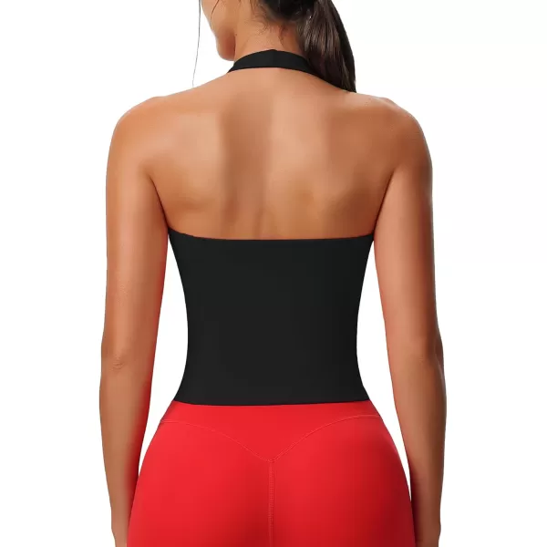Aoxjox Womens Sleeveless Neck Tank Top Workout Gym Yoga Curve Longline Hailey Halter Crop TopBlack
