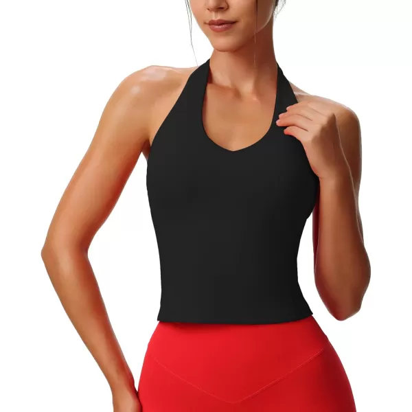 Aoxjox Womens Sleeveless Neck Tank Top Workout Gym Yoga Curve Longline Hailey Halter Crop TopBlack