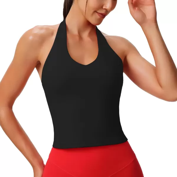 Aoxjox Womens Sleeveless Neck Tank Top Workout Gym Yoga Curve Longline Hailey Halter Crop TopBlack