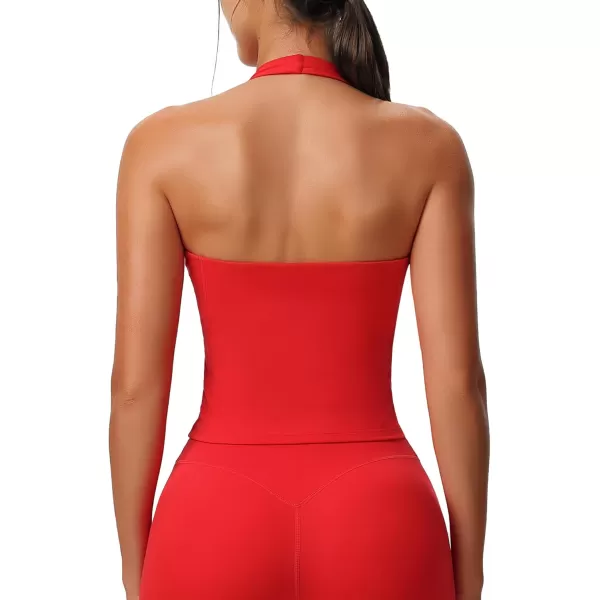 Aoxjox Womens Sleeveless Neck Tank Top Workout Gym Yoga Curve Longline Hailey Halter Crop TopRacing Red