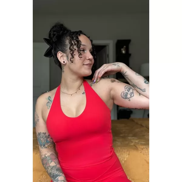 Aoxjox Womens Sleeveless Neck Tank Top Workout Gym Yoga Curve Longline Hailey Halter Crop TopRacing Red