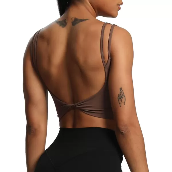 Aoxjox Womens Workout Sports Bras Fitness Padded Backless Yoga Crop Tank Top Twist Back Cami1 Fudge Coffee