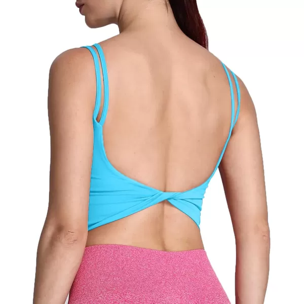 Aoxjox Womens Workout Sports Bras Fitness Padded Backless Yoga Crop Tank Top Twist Back CamiAquarius Blue