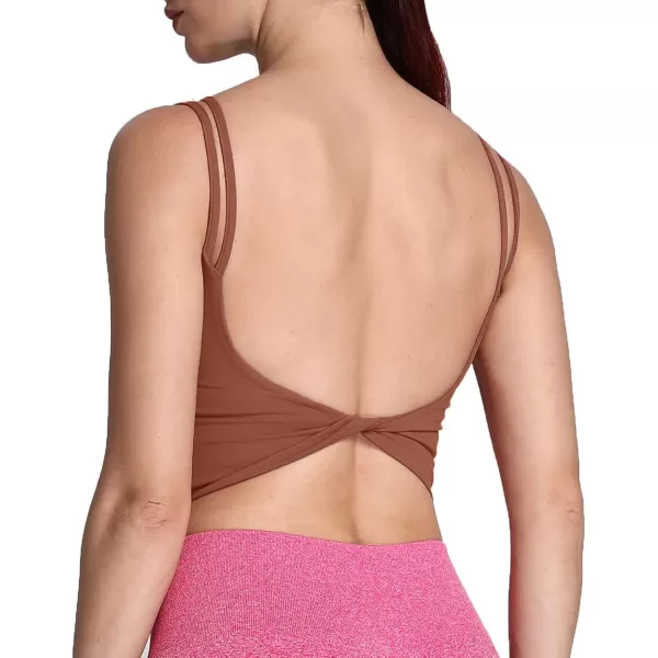 Aoxjox Womens Workout Sports Bras Fitness Padded Backless Yoga Crop Tank Top Twist Back CamiDandelion Brown