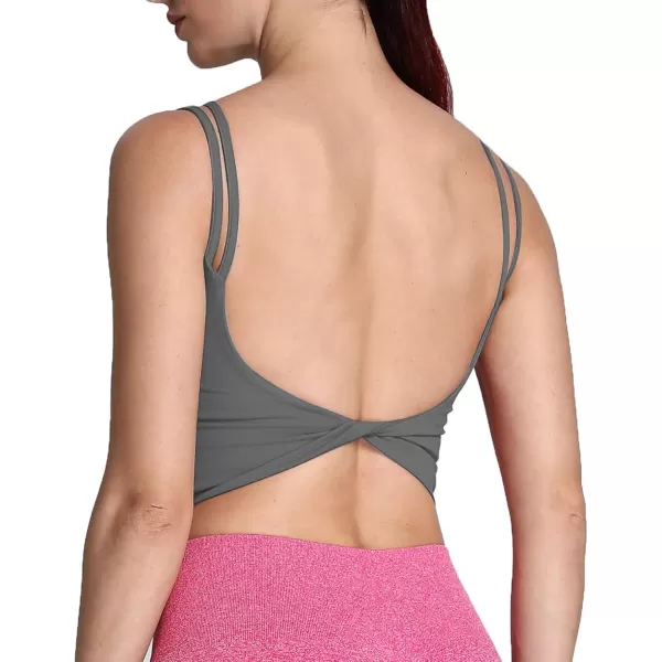 Aoxjox Womens Workout Sports Bras Fitness Padded Backless Yoga Crop Tank Top Twist Back CamiIron Grey