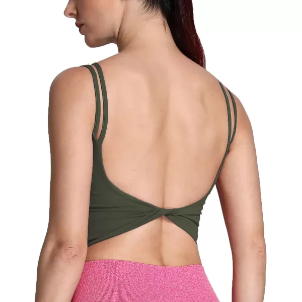 Aoxjox Womens Workout Sports Bras Fitness Padded Backless Yoga Crop Tank Top Twist Back CamiOlive Green