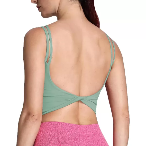 Aoxjox Womens Workout Sports Bras Fitness Padded Backless Yoga Crop Tank Top Twist Back CamiSage Green