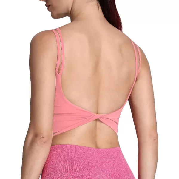 Aoxjox Womens Workout Sports Bras Fitness Padded Backless Yoga Crop Tank Top Twist Back CamiSalmon Rose